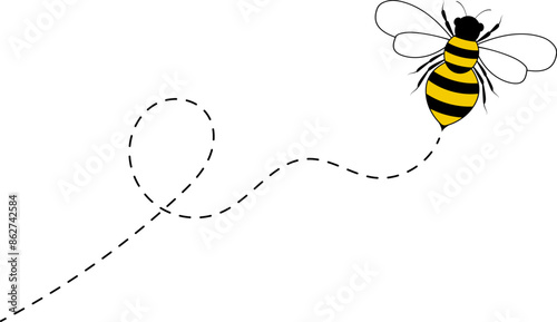 Bee flying path. A bee flying in a dotted line. The flight path of bee. Bee flying on a dotted route. Hand drawn bees. Vector illustration.