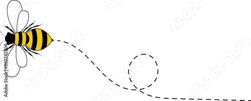 Bee flying path. A bee flying in a dotted line. The flight path of bee. Bee flying on a dotted route. Hand drawn bees. Vector illustration.