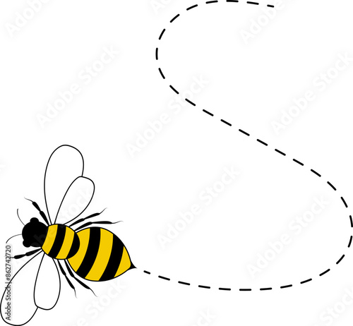 Bee flying path. A bee flying in a dotted line. The flight path of bee. Bee flying on a dotted route. Hand drawn bees. Vector illustration.