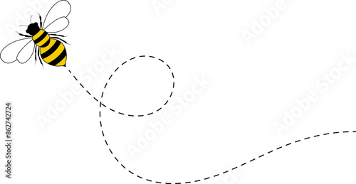 Bee flying path. A bee flying in a dotted line. The flight path of bee. Bee flying on a dotted route. Hand drawn bees. Vector illustration.