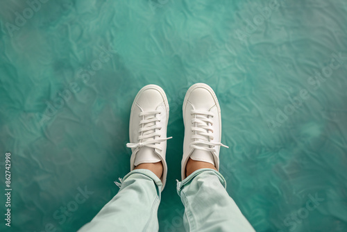 a person's legs and feet in white shoes © Ioana