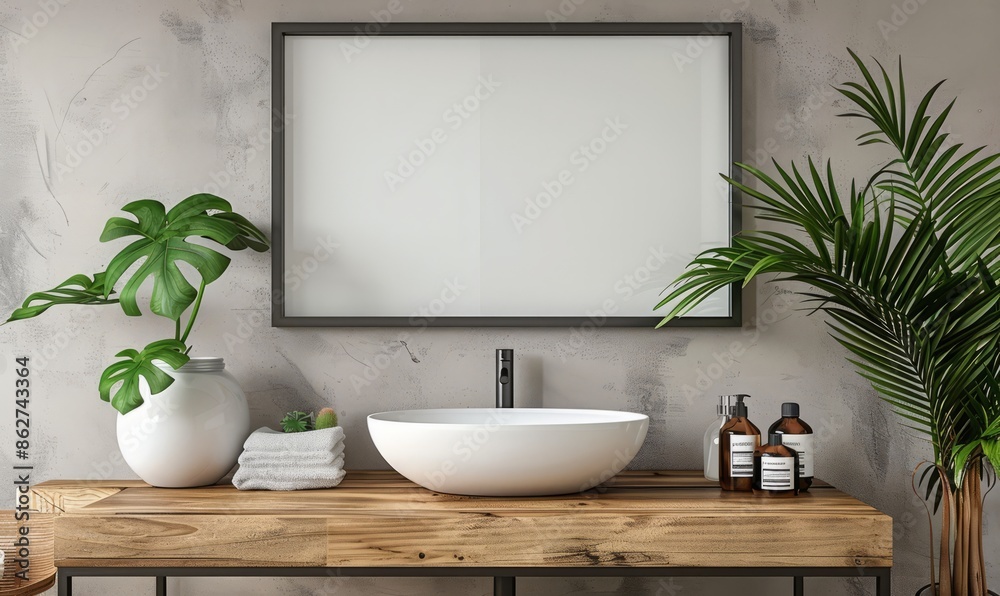 Fototapeta premium Minimalist bathroom with a blank frame above the vanity