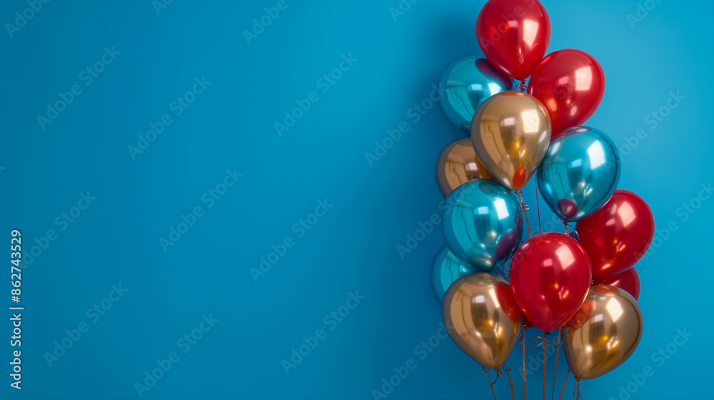 A cheerful mix of metallic balloons in patriotic hues, set against a bright blue background, creating a festive Independence Day look with space for text. A cheerful mix of metallic balloons in patriotic hues, set against a bright blue background, creating a festive Independence Day look with space for text.