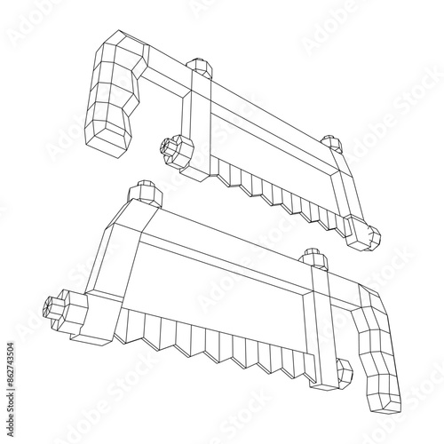 Hacksaw manual or Hand hacksaw. Wireframe low poly mesh vector illustration