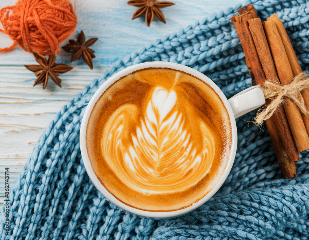 Top view of cup of coffee with milk and flower as decoration on blue wooden table with cinnamon and star anise Top view of cup of coffee with milk and flower as decoration on blue wooden table with cinnamon and star anise