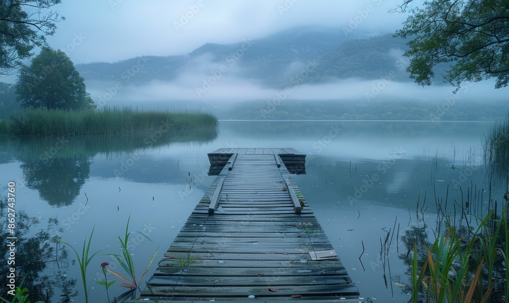 Fototapeta premium A serene lakeside view with a wooden dock