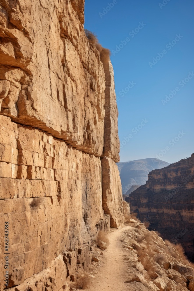 Fototapeta premium A dirt road winding between rocky cliffs in a desert landscape.
