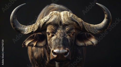 Close-up portrait of an African buffalo with large horns