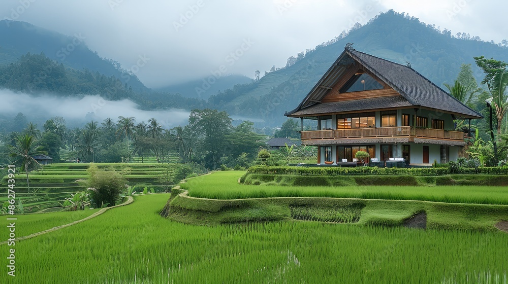 Fototapeta premium Wooden house by rice fields and terraces. Generative AI.