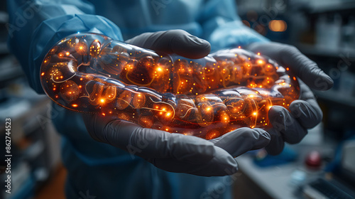 Closeup of doctor hand in gloves holding a glowing wooden jejunum model showing the plicae circulares and villi photo