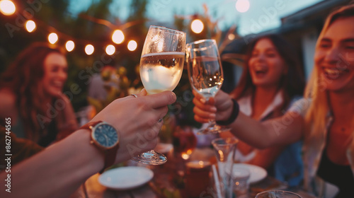 Celebrate Friendship Day with a close-up of friends toasting and laughing during a rooftop dinner, cherishing moments of togetherness. photo