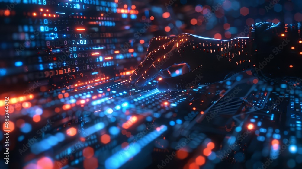 Fototapeta premium A programmer working on a holographic code interface, Blue hues, Digital illustration, Hightech, Focused atmosphere