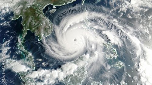 Satellite imagery of powerful tropical cyclone approaching land, demonstrating extreme weather patterns and global warming effects on storm intensity photo