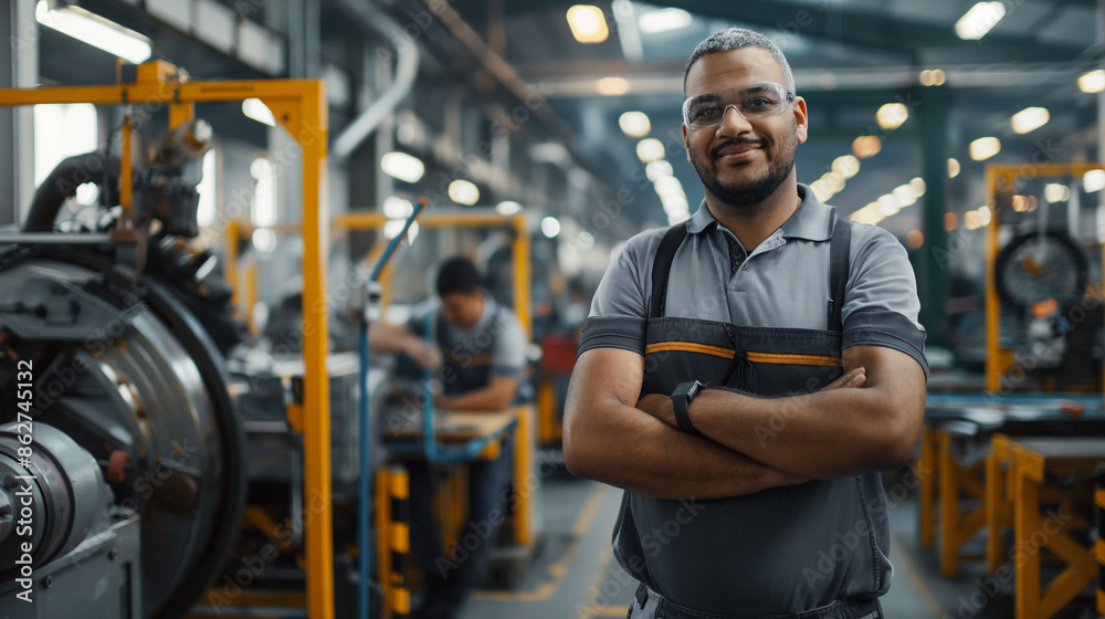 Celebrate Labor Day with a portrait of smiling factory workers operating machinery in a modern manufacturing plant, showcasing innovation and industry. Celebrate Labor Day with a portrait of smiling factory workers operating machinery in a modern manufacturing plant, showcasing innovation and industry.