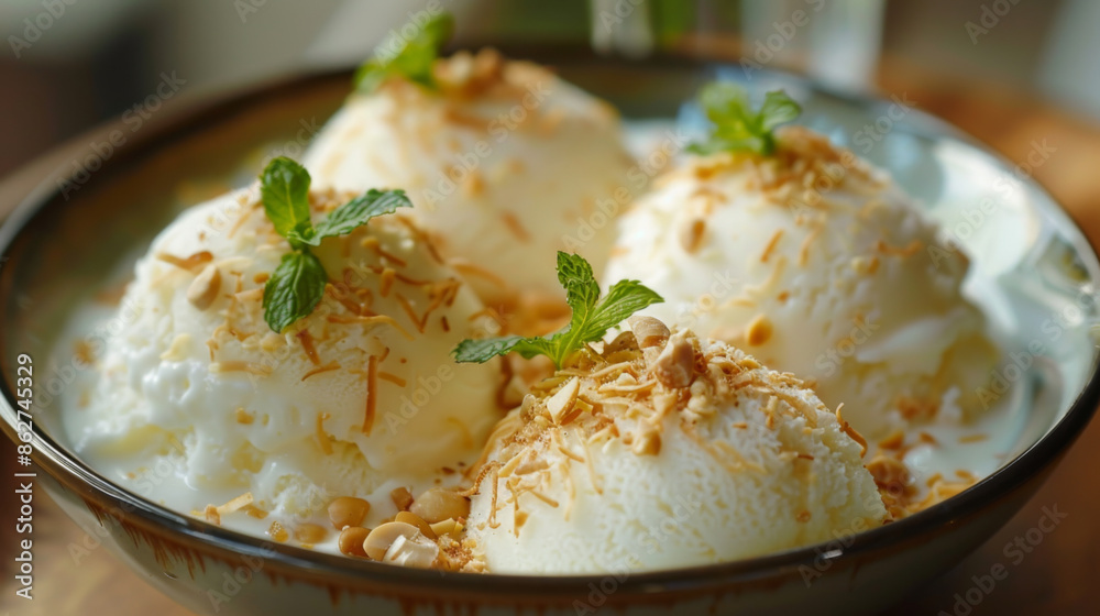 Close-up of vanilla ice cream scoops topped with chopped nuts and mint leaves in a bowl, a refreshing dessert. Close-up of vanilla ice cream scoops topped with chopped nuts and mint leaves in a bowl, a refreshing dessert.