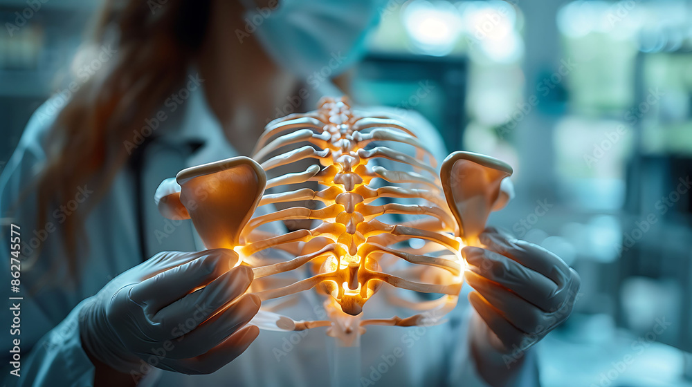 Fototapeta premium Closeup of doctor hand in gloves holding a glowing wooden scapula model highlighting the spine and coracoid process