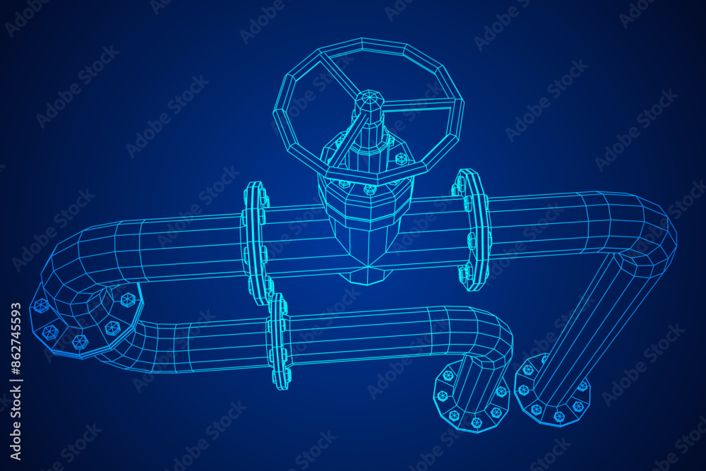 Oil pipeline with valve. Petrol production. Petroleum fuel industry transportation line. Wireframe low poly mesh vector illustration Oil pipeline with valve. Petrol production. Petroleum fuel industry transportation line. Wireframe low poly mesh vector illustration