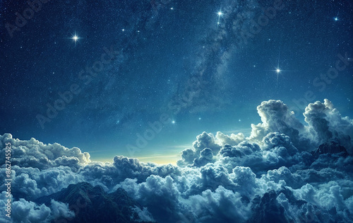 wonderful Fluffy volumetric clouds at night against a dark blue sky with stars background. gen by AI. © Unslux