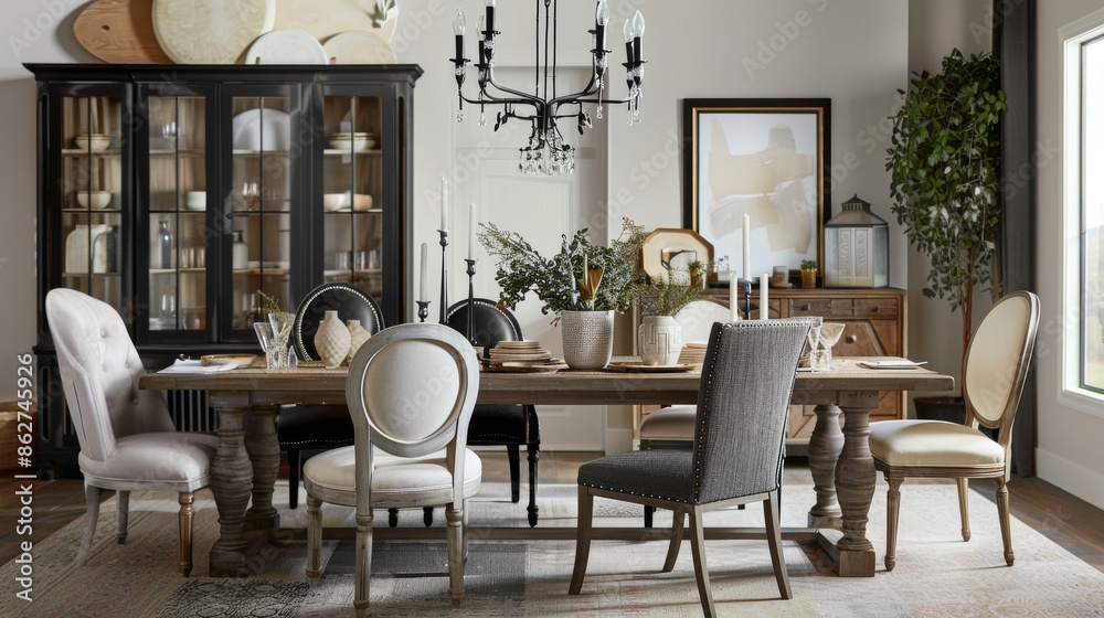 Fototapeta premium Elegant dining room with rustic wooden table and stylish decor