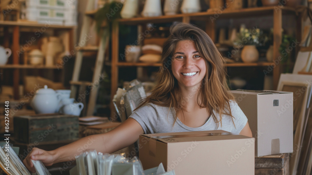 A beautiful woman with a cheerful expression, carrying shopping packages through a well-decorated home goods store. A beautiful woman with a cheerful expression, carrying shopping packages through a well-decorated home goods store.