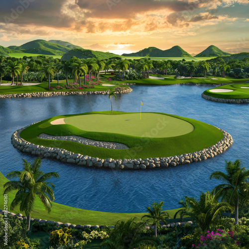 
Island green par 3 paradise. Shimmering water, lush tropics. Rolling hills meet fiery sunset. Challenging beauty beckons golfers. photo