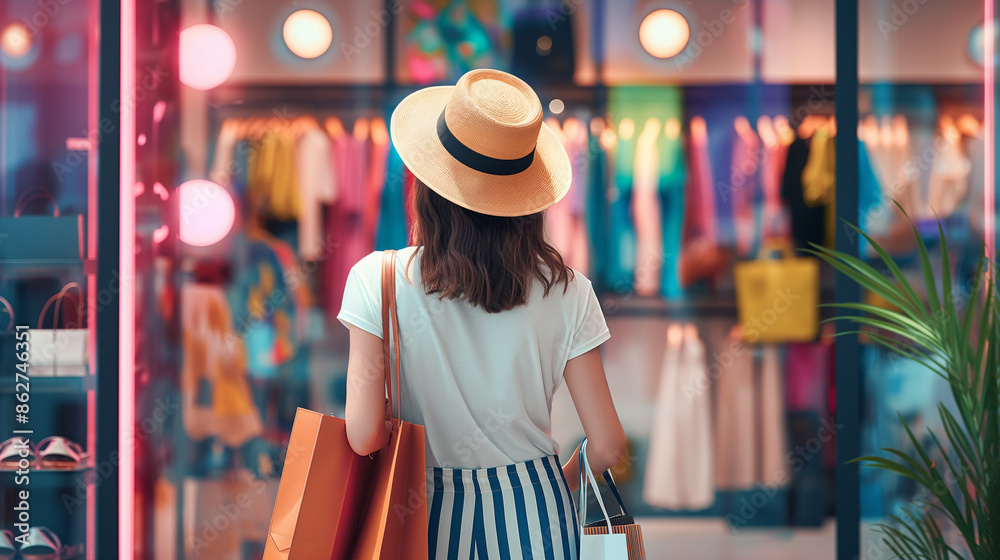 A happy woman with shopping packages, standing in front of a chic store display, admiring the latest fashion trends. A happy woman with shopping packages, standing in front of a chic store display, admiring the latest fashion trends.