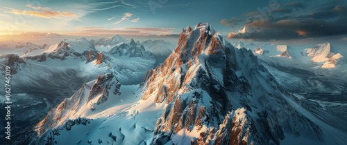 Majestic Snowy Peak at Sunrise Over a Mountain Range