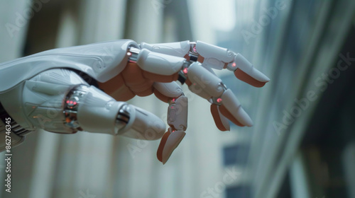 Futuristic robotic hand reaching out, set against a blurred cityscape background, symbolizing technology and innovation.