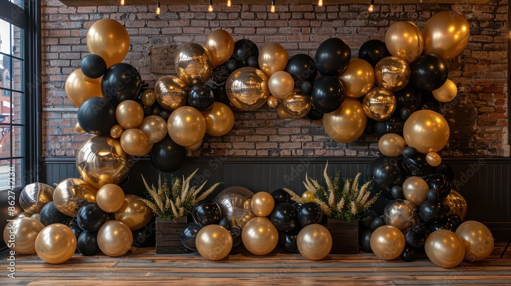 A large display of gold and black balloons with a black and gold arch. The balloons are arranged in a way that creates a sense of elegance and sophistication A large display of gold and black balloons with a black and gold arch. The balloons are arranged in a way that creates a sense of elegance and sophistication