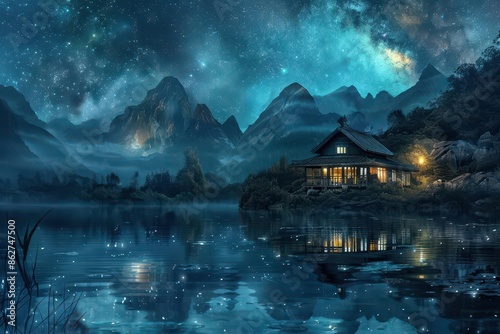 surreal lakeside house under starry night sky majestic mountains in background dreamlike aigenerated landscape ethereal atmosphere reflections in still water © furyon