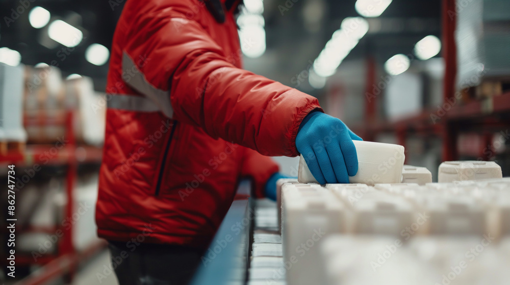 A worker carefully organizes cartons of milk in the cold storage area of a modern distribution grocery warehouse, close-up A worker carefully organizes cartons of milk in the cold storage area of a modern distribution grocery warehouse, close-up