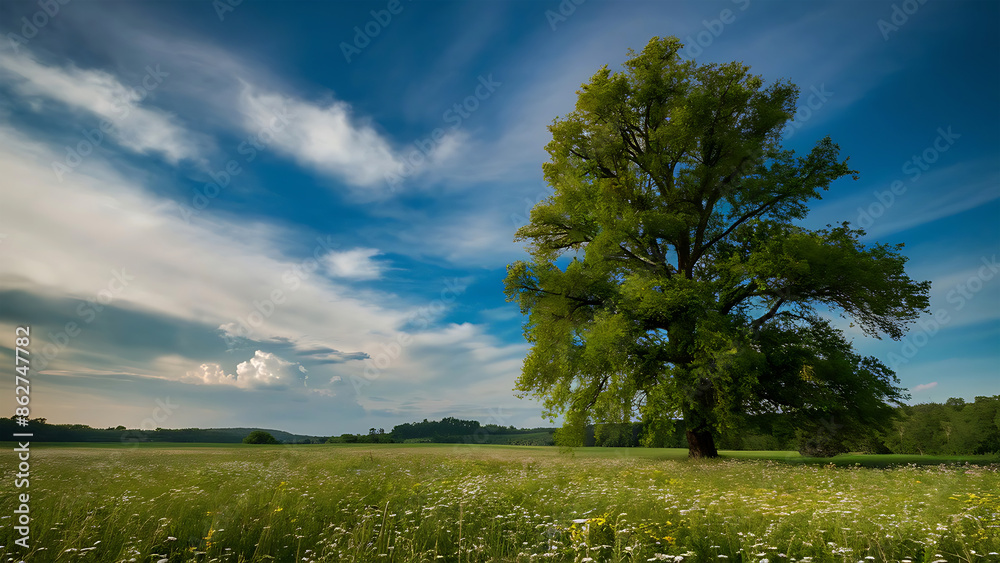 Obraz premium Green Field, Tree, and Blue Sky Background. Generative Ai