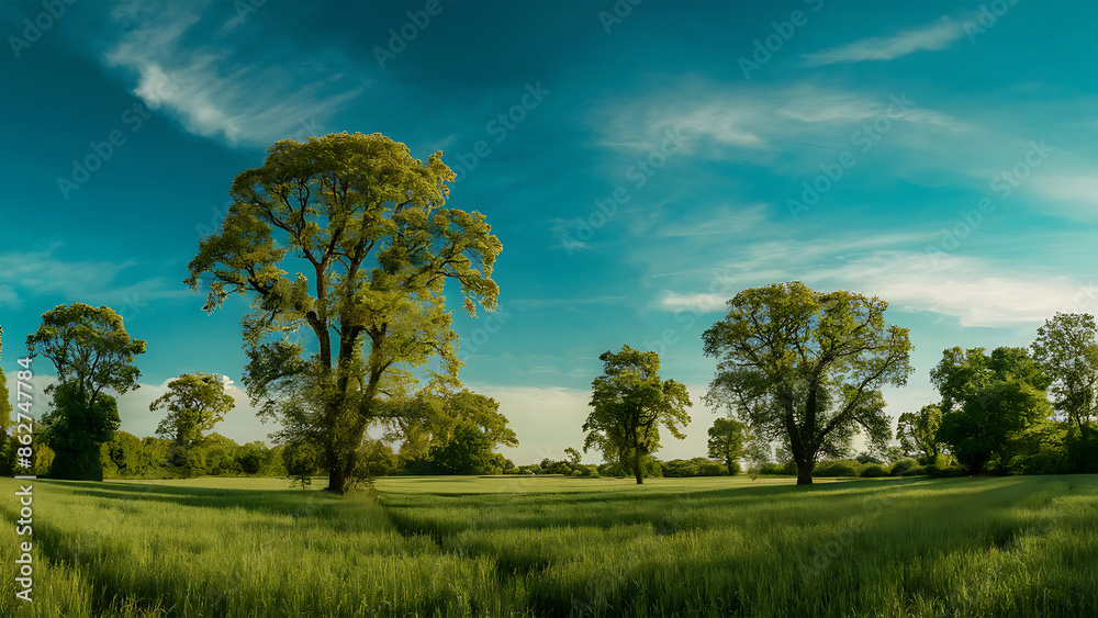 Obraz premium Green Field, Tree, and Blue Sky Background. Generative Ai