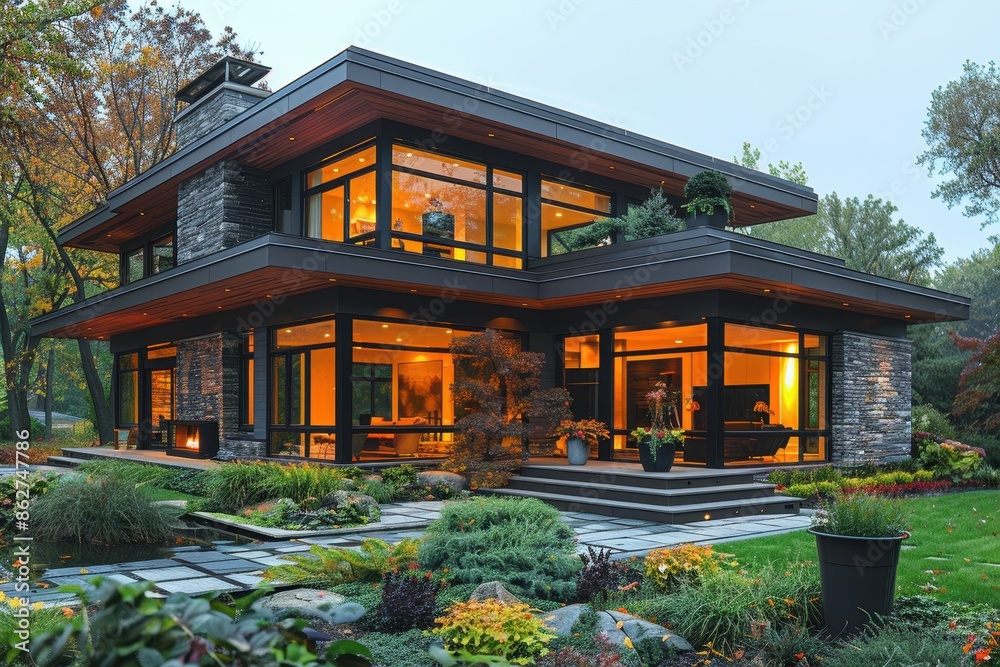 A modern home with a rainwater harvesting system, illustrating sustainable living practices. A modern home with a rainwater harvesting system, illustrating sustainable living practices.