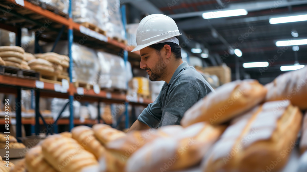 A worker in a well-lit distribution warehouse organizes shipments of bread and bakery products, close-up