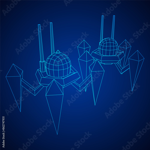 Spider robot with radar antenna. Nanobot, nanotechnology medical concept. Wireframe low poly mesh vector illustration