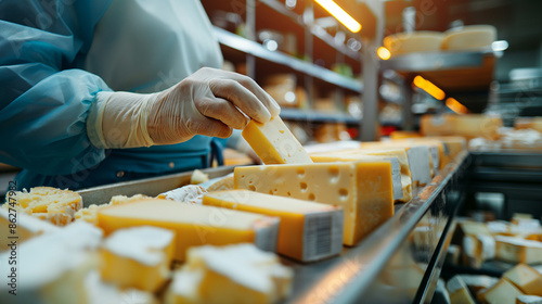 A worker labels and sorts various types of cheese in the dairy section of a modern grocery warehouse, close-up