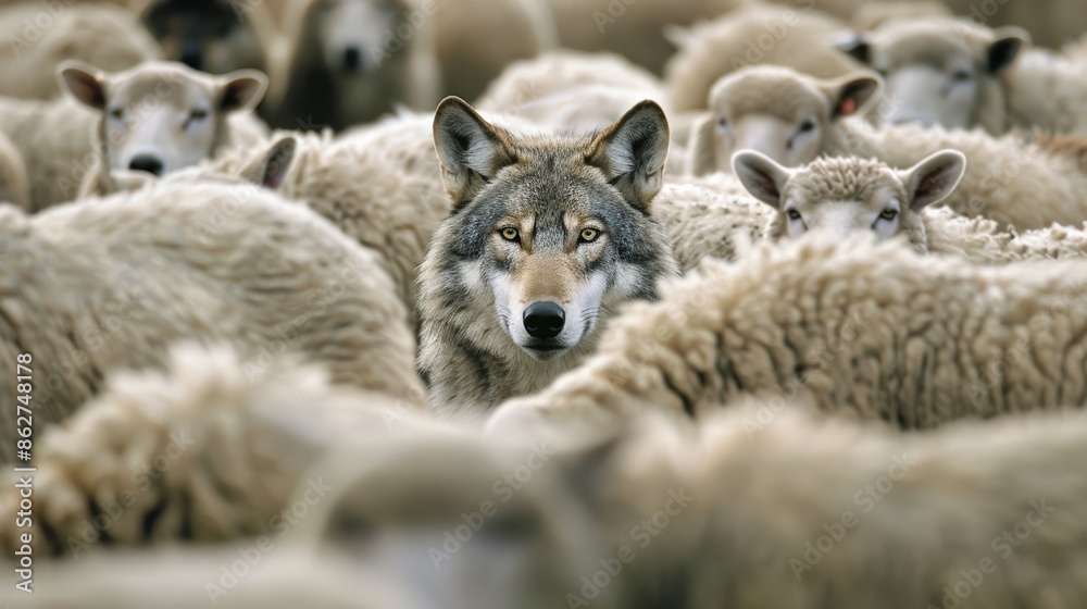 Wolf Camouflaged Among Sheep, Blending in with the Flock, Hidden Predator Wolf Camouflaged Among Sheep, Blending in with the Flock, Hidden Predator