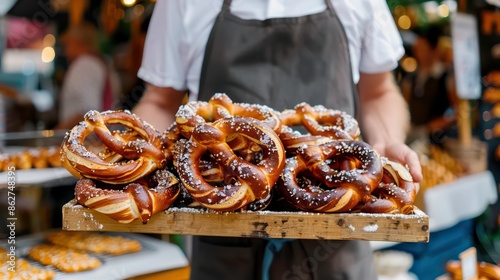 Vendor clad in apron presents a wooden tray brimming with traditional German pretzels, dusted with sugar, invoking the cozy ambiance of festive market. Generative AI photo