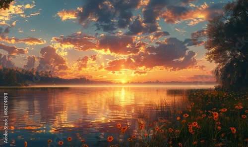 A picturesque sunset over a peaceful lake