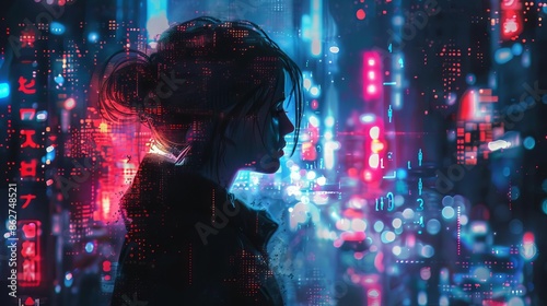 A stranger blending with holograms in a cyber city, Dark colors, Cyberpunk, Digital painting, Mysterious photo