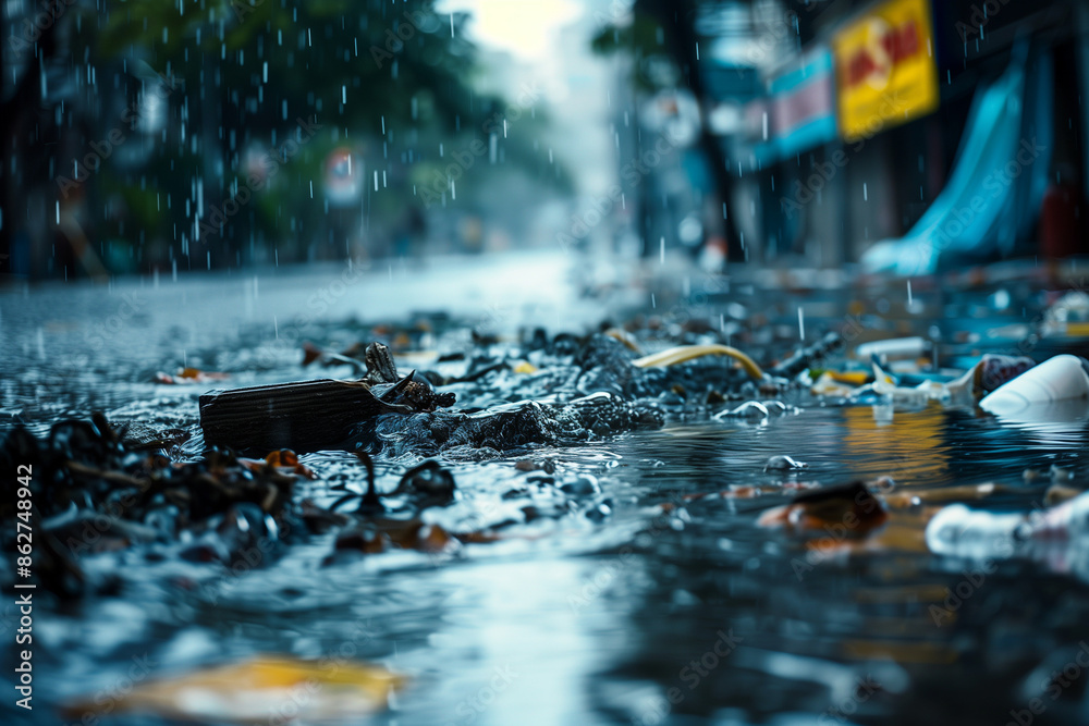 A close-up image of flood water in a city street, filled with debris and waste, highlighting the environmental and health issues caused by urban flooding. Commercial photo A close-up image of flood water in a city street, filled with debris and waste, highlighting the environmental and health issues caused by urban flooding. Commercial photo