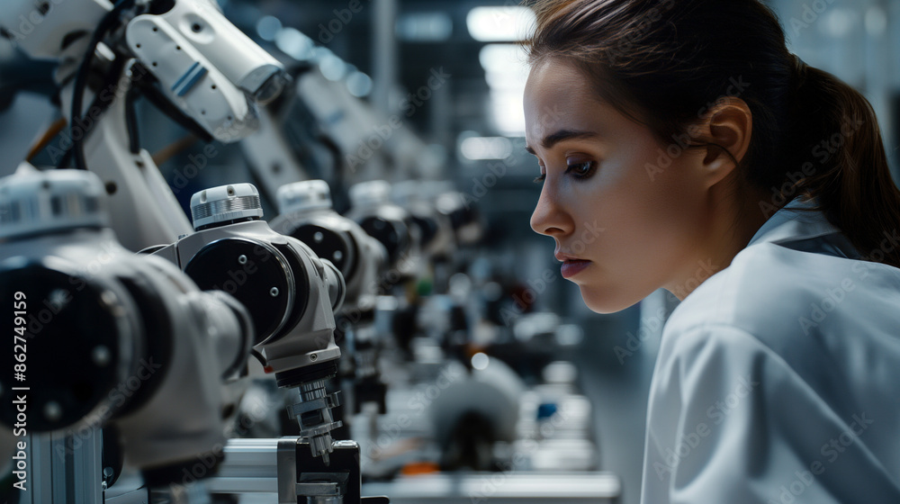 Close-up of a woman inspecting the work of robotic arms assembling electronic control units in a modern light automobile factory