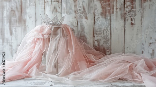 Vintage tulle pink chiffon dress and diamond tiara on wooden white table. Generative AI