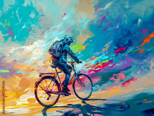 Young man riding a bicycle with a colorful energy, digital art style photo