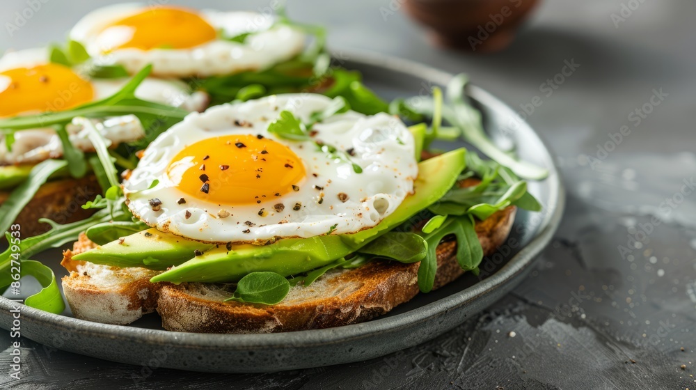 Avocado Sandwich with Fried Egg - sliced avocado and egg on toasted bread with arugula for healthy breakfast or snack, copy space. 