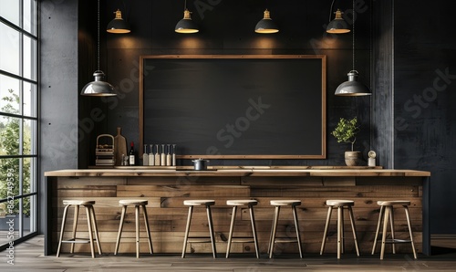 Minimalist kitchen with a blank chalkboard on the wall