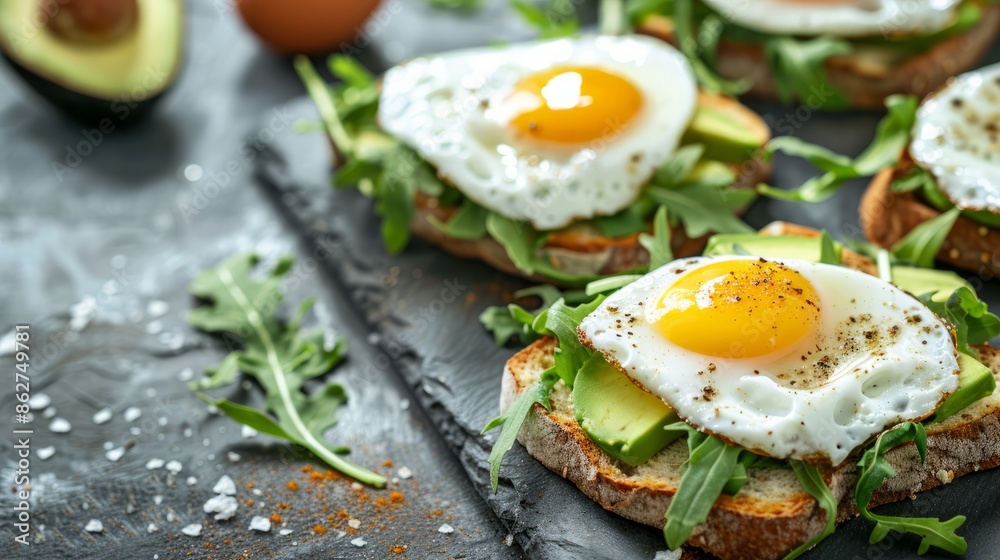 Avocado Sandwich with Fried Egg - sliced avocado and egg on toasted bread with arugula for healthy breakfast or snack, copy space. Avocado Sandwich with Fried Egg - sliced avocado and egg on toasted bread with arugula for healthy breakfast or snack, copy space.