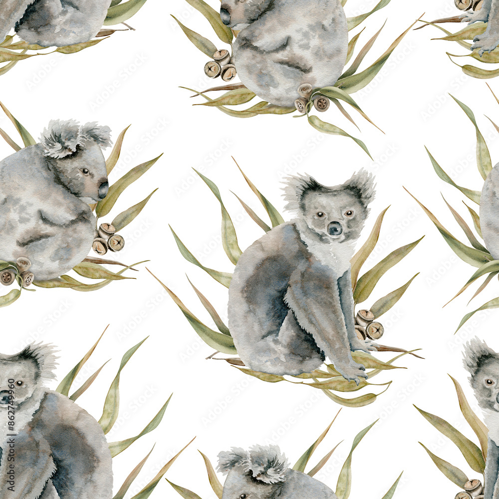 Cute koalas with eucalyptus leaves seamless pattern. Endemic Australian ...