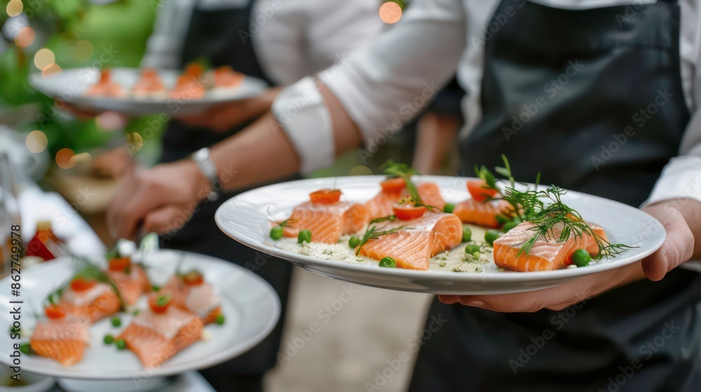 Waiter carrying plates with meat dish on some festive event, party or wedding reception restaurant. Generative AI Waiter carrying plates with meat dish on some festive event, party or wedding reception restaurant. Generative AI